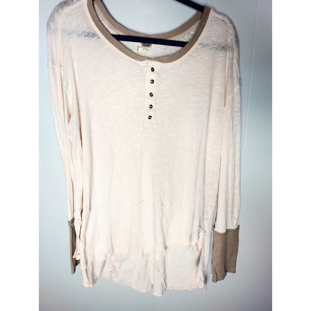 Women We The Free People Two Tone Linen Scoop Neck 5 Buttons, Long-Sleeves Top